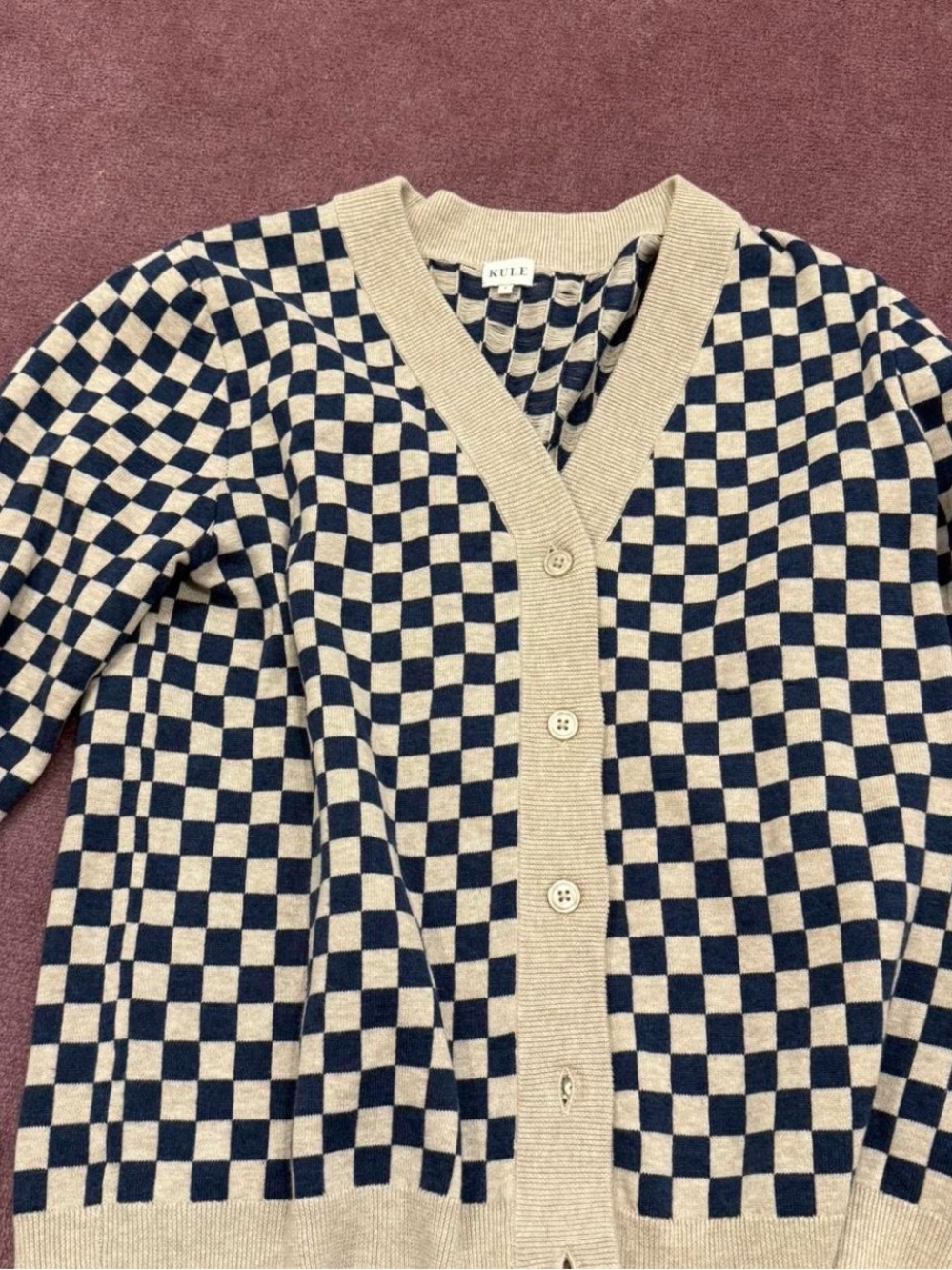 KULE Navy and Cream Checkerboard V‑Neck Button Cardigan